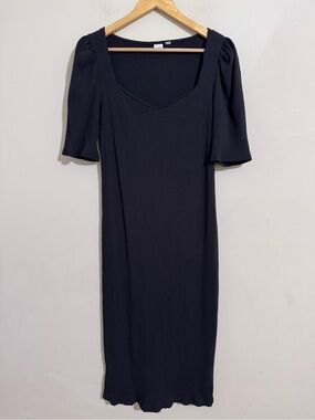 Gap Rib Knit Sweetheart Midi Dress Black Puff Sleeves size L Office Capsule Chic